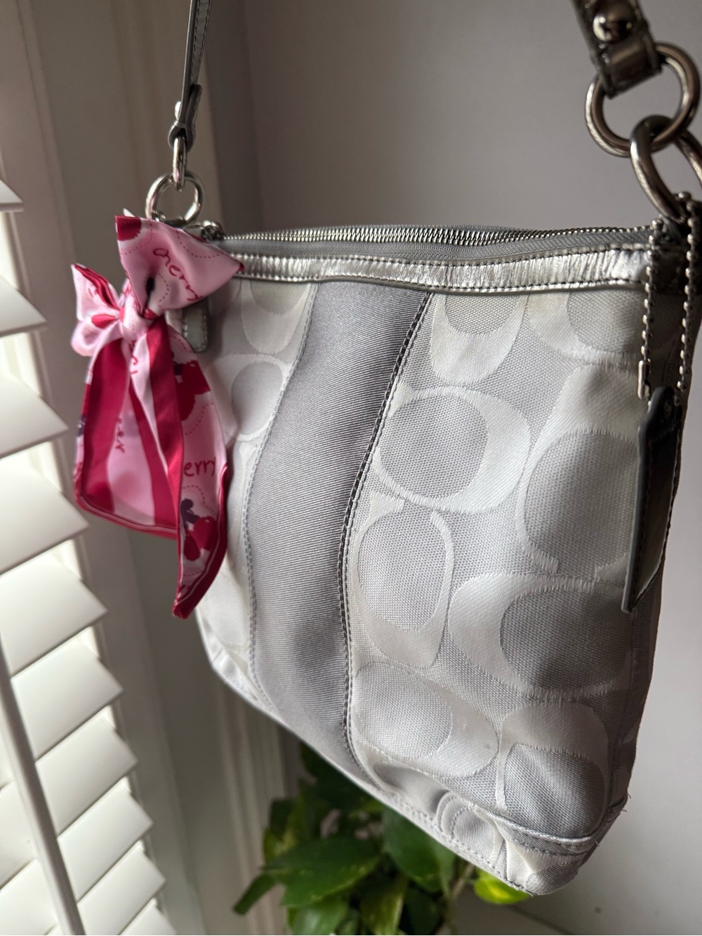 Coach Gray Signature Jacquard Shoulder Bag with Pink Scarf Accent - Picture 9 of 10